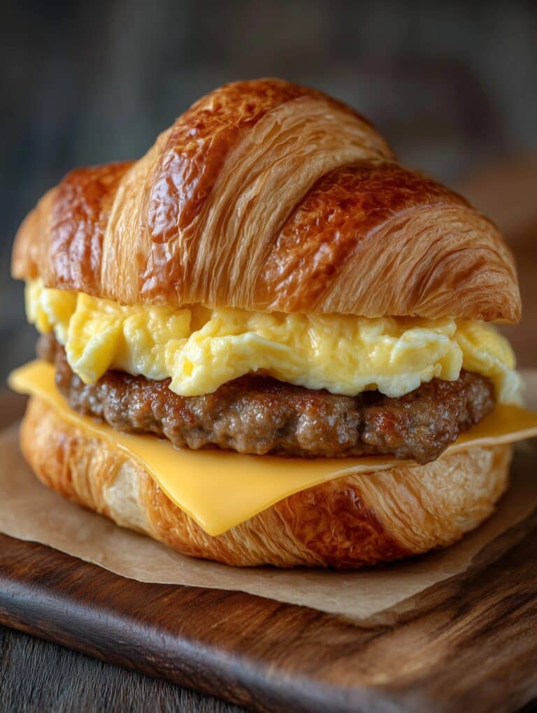 Savory Breakfast Croissant Sandwich with Eggs, Cheese, and Bacon Recipe