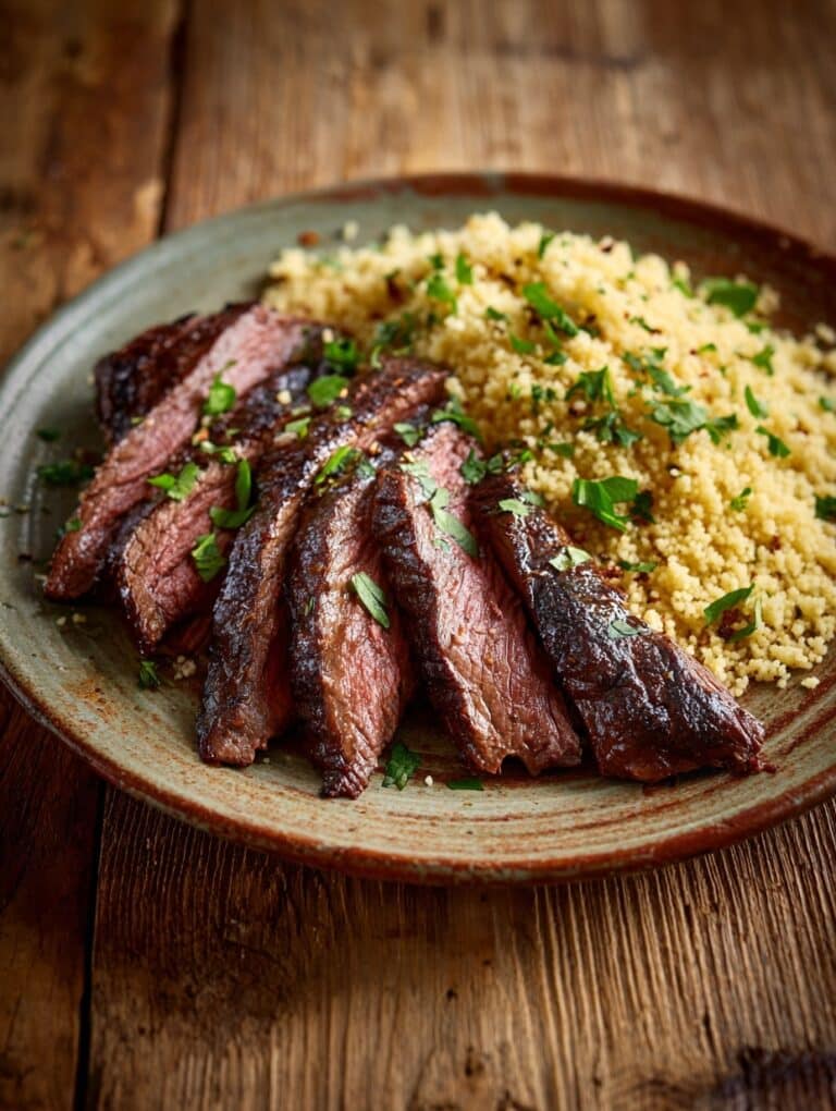 Creamy Garlic Parmesan Flank Steak with Orzo Recipe