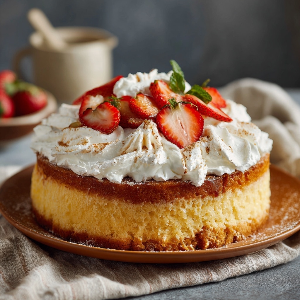 Authentic Tres Leches Cake Recipe with Fluffy Sponge and Fresh Strawberry Garnish Recipe - Recipe Image
