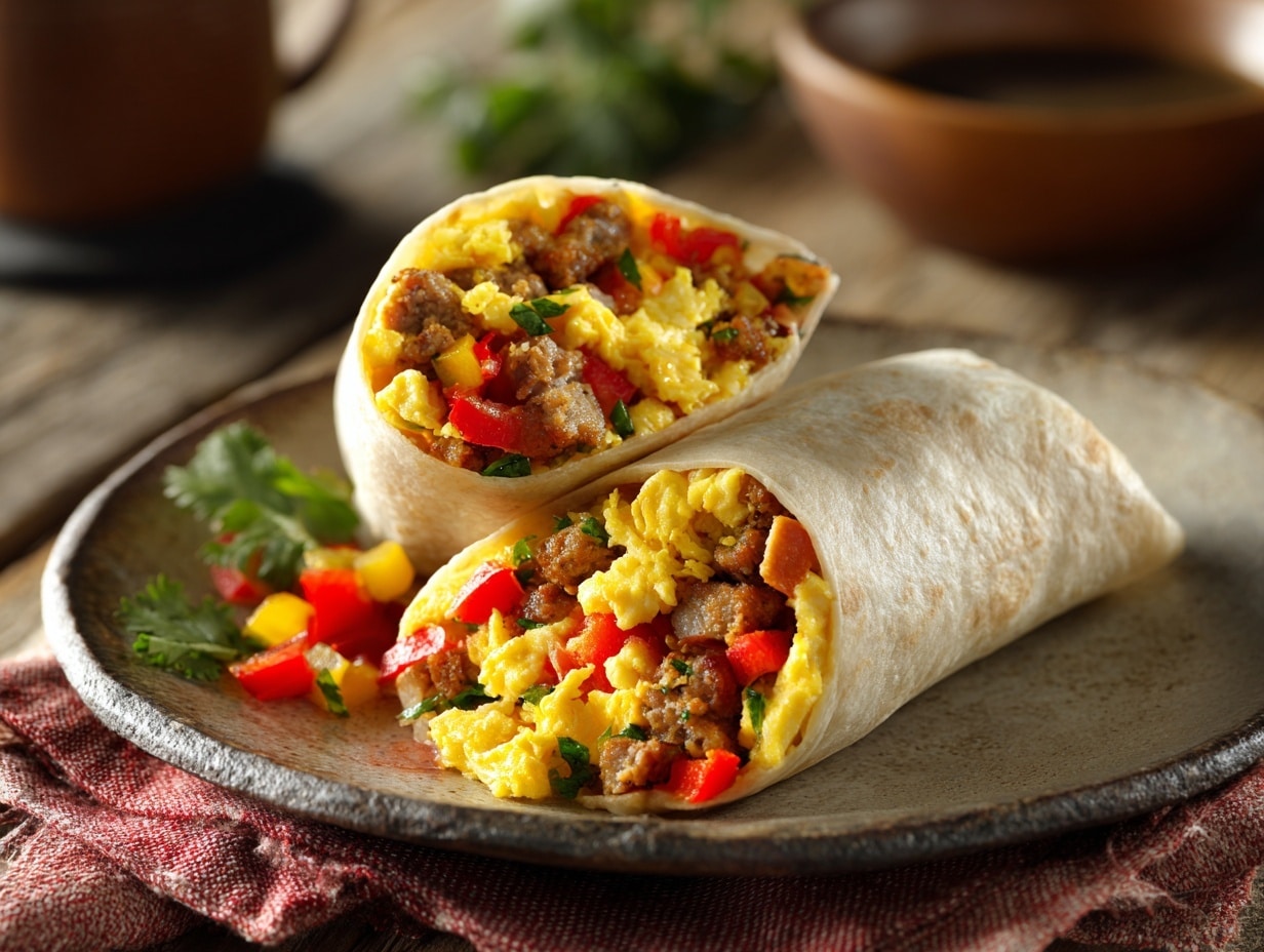 Hearty Breakfast Burrito with Eggs, Potatoes, Sausage, and Cheese Recipe - Recipe Image