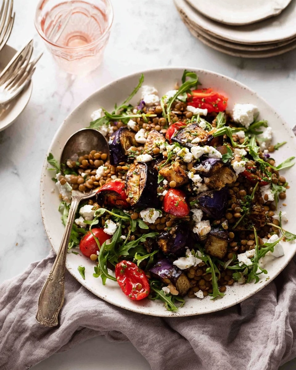 Roasted Eggplant Lentil Salad with Feta and Tomatoes Recipe - Recipe Image