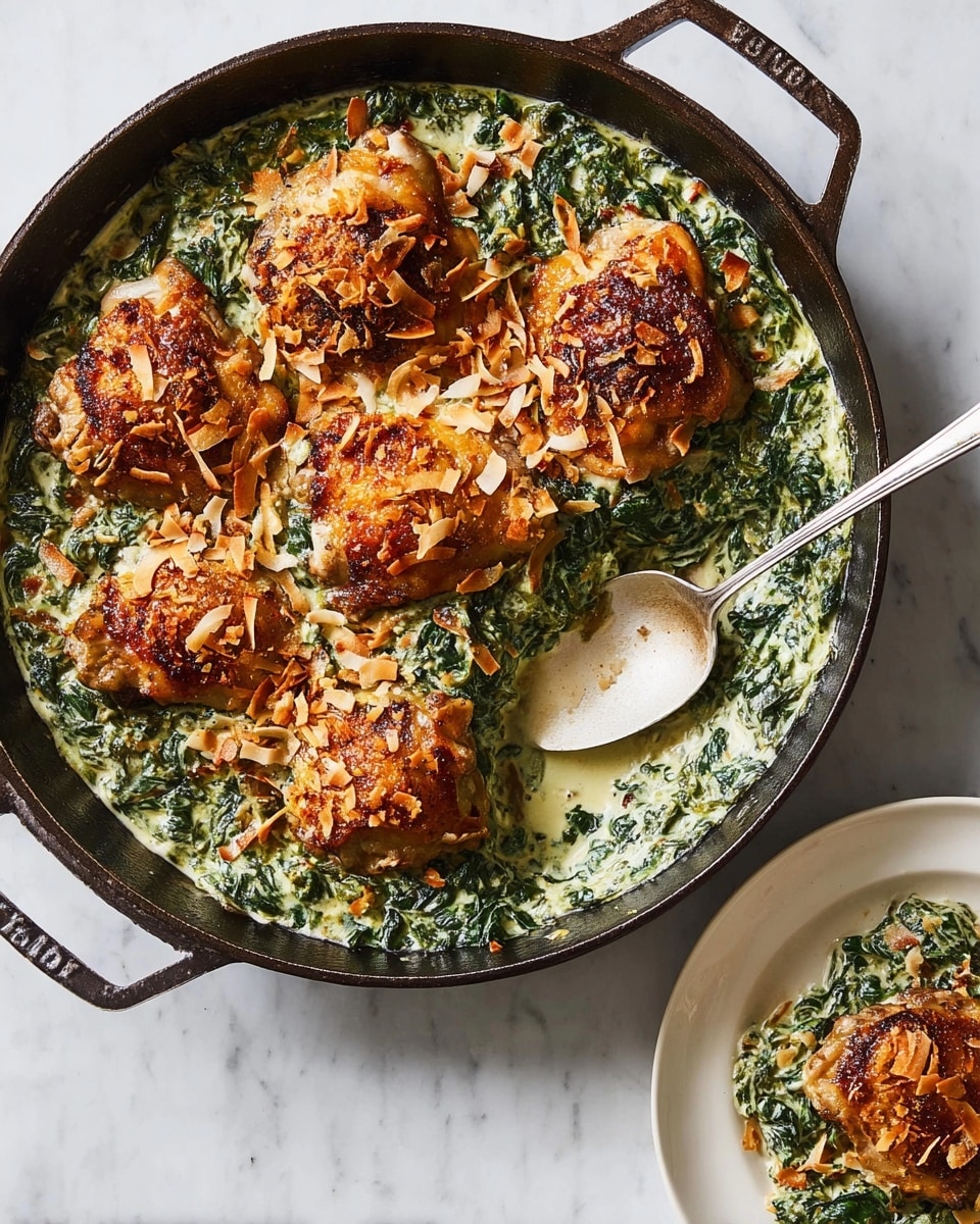 Coconut Creamed Spinach With Crispy Chicken Thighs Recipe - Recipe Image