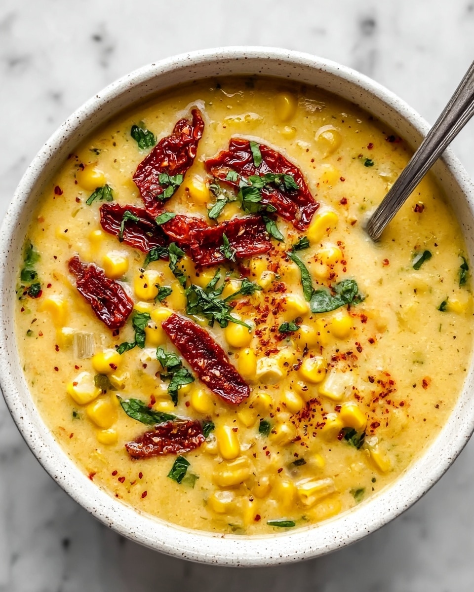 Irresistible Sun Dried Tomato Corn Chowder with Goat Cheese Croutons Recipe - Recipe Image