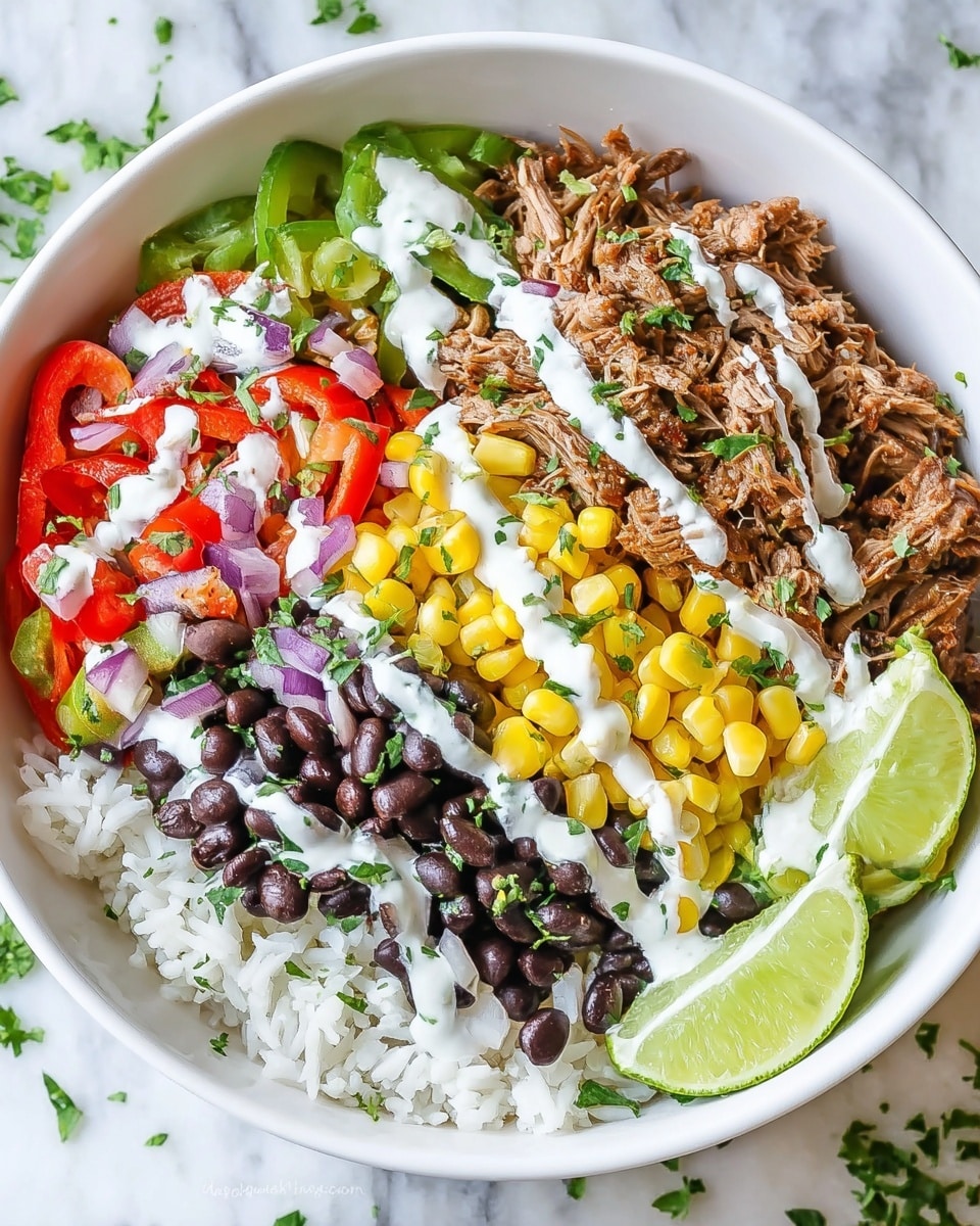 Carnitas Bowl with Cilantro Lime Rice and Fresh Toppings Recipe - Recipe Image