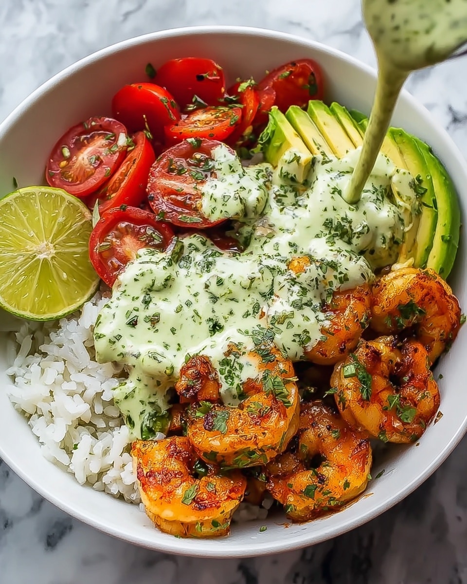 Zesty Shrimp & Avocado Rice Bowls with Cilantro Lime Sauce Recipe - Recipe Image